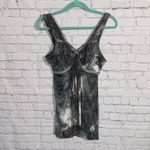 Unity Womens Y2K Babydoll Sleeveless Top Gray Tie Dye L Fairy Grunge Whimsigoth